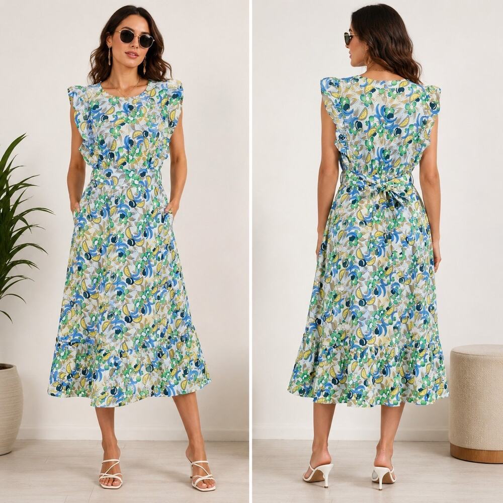 Tulip B Tropical Fruit Floral Fit & Flare Midi Dress Size S NWT Belted